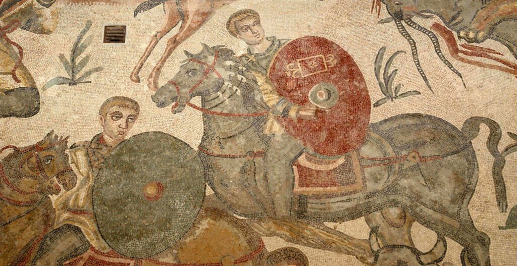 Roman mosaic of soldiers fighting