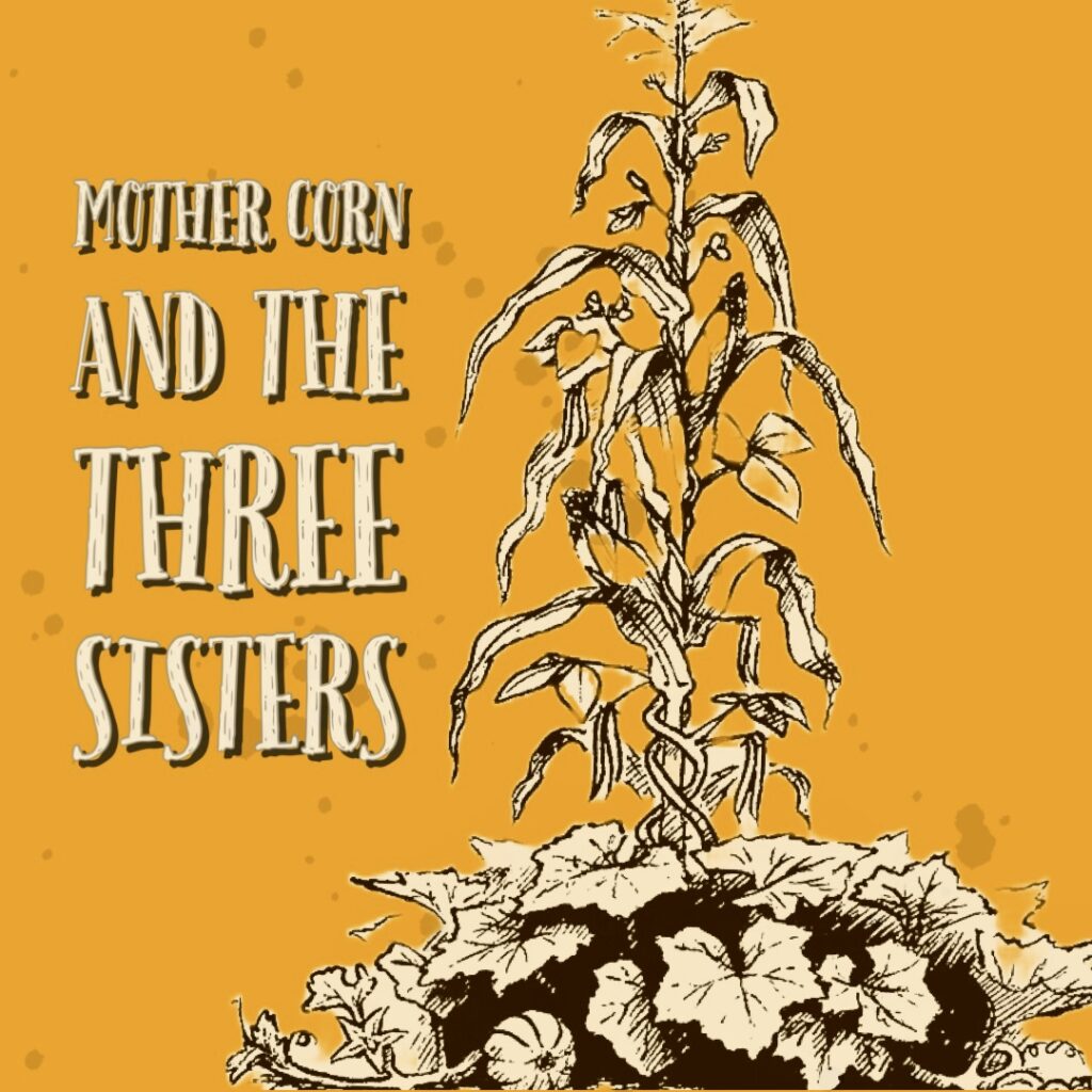 Black and white illustration of corn, beans and squash growing entwined together. The text reads Mother Corn and the three sisters.