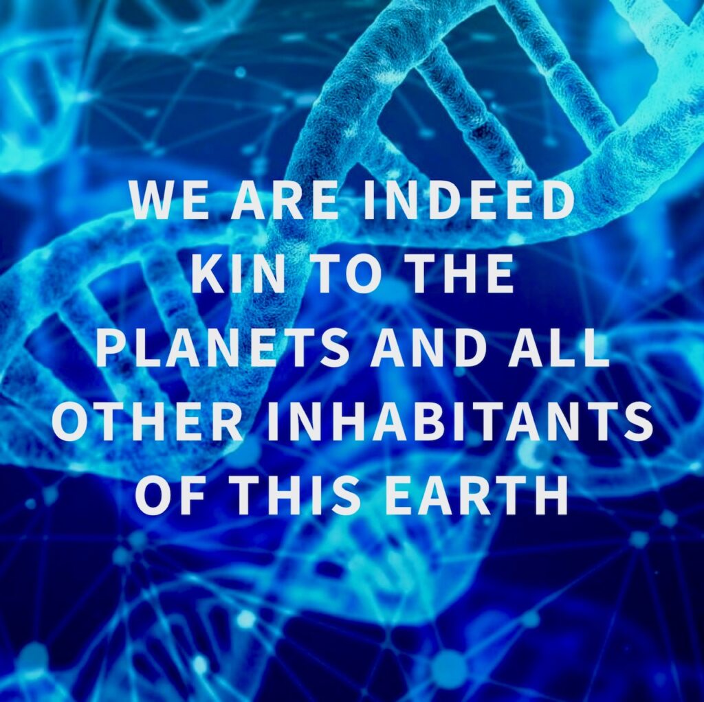 The text reads We are indeed kin to the planets and all other inhabitants of this earth. The text is white on a bright blue background showing DNA helixes.