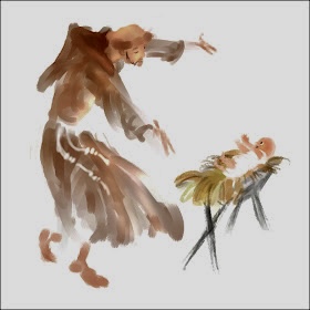 A modern painting of St Francis, he is standing next to a crib with his arms widely outstretched. The child Jesus in the crib reaches out towards St Francis.