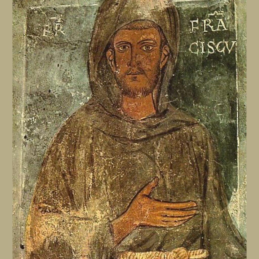 A drawing of St Francis wearing a brown habit with the hood up. His right hand is held across his body. The painting has a dark green background and the paint is flacking showing the signs of its age.