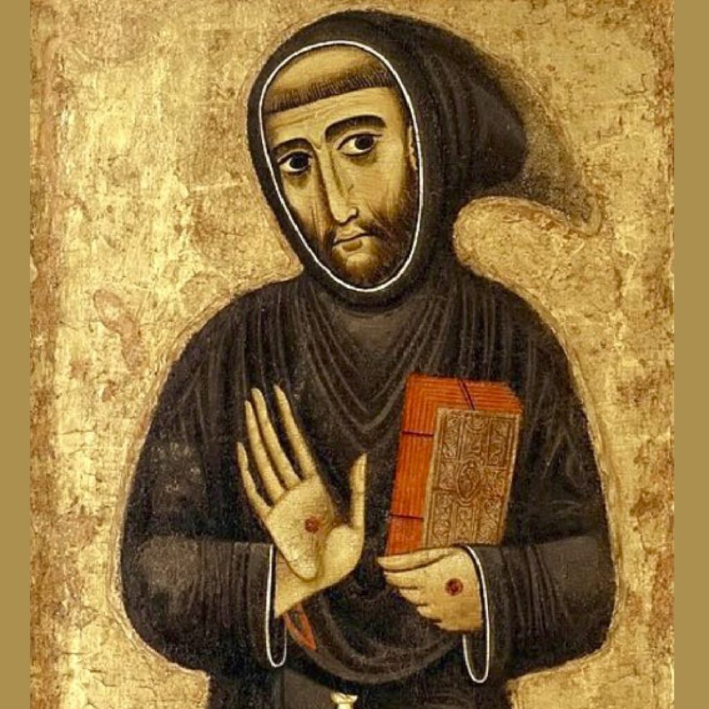 An illustration of St Francis wearing a brown habit with the hood up. He looks directly at the viewer with one hand raised showing his stigmata and holder a brightly coloured book in the other.