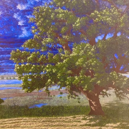 Iken Oak (2020), oil on board, by Roger Wagner. Heaven and earth draw near. 